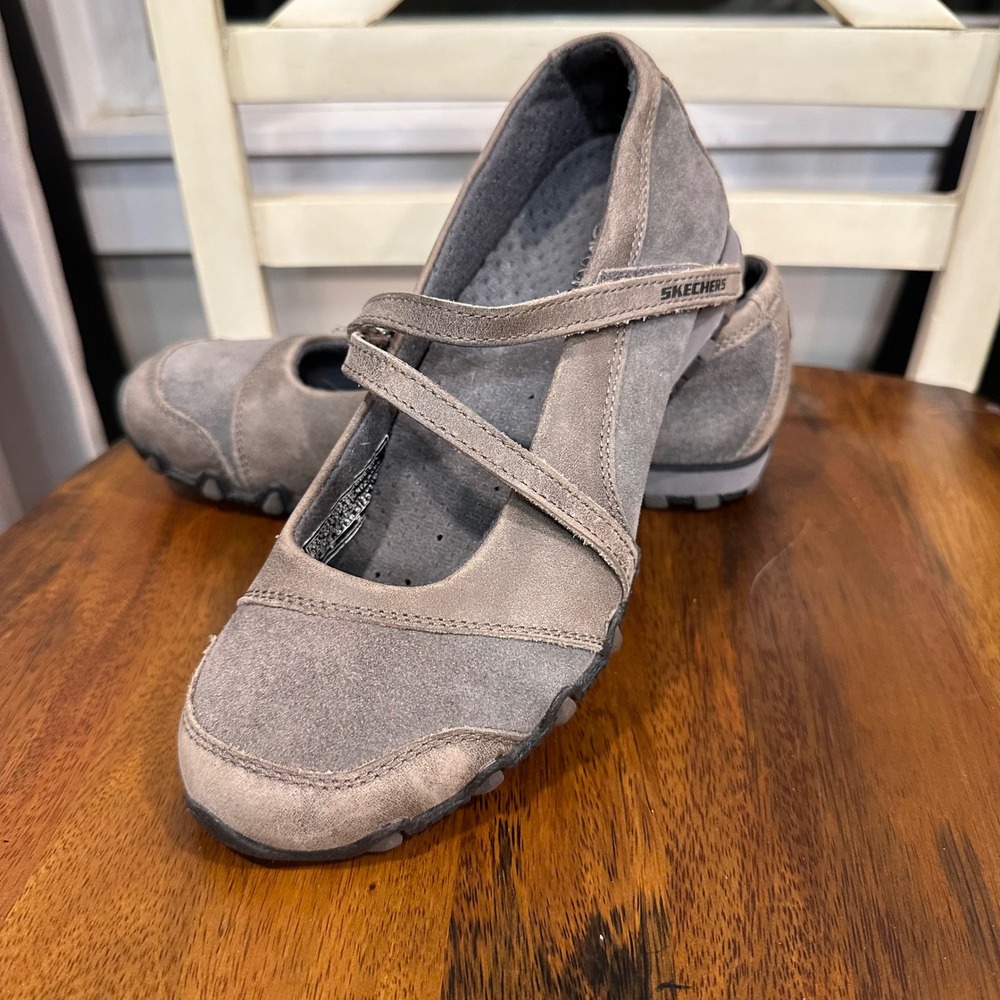 Skechers Mary Jane Flats Women Gray Leather Cross Strap Comfort Shoes Retro 6.5